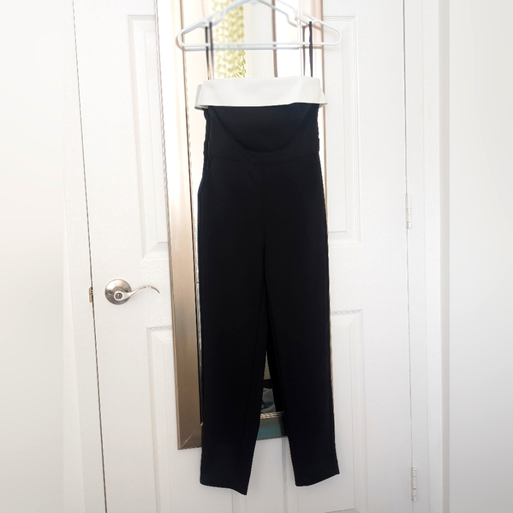 NWT WHBM 0P Black & White Strapless Jumpsuit with Pockets